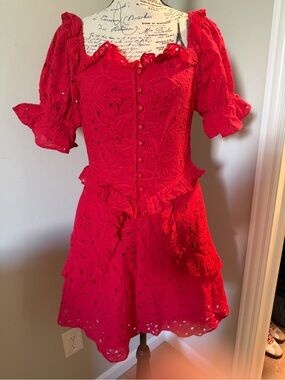 Baby Pink Red Eyelet Ruffled Dress size M